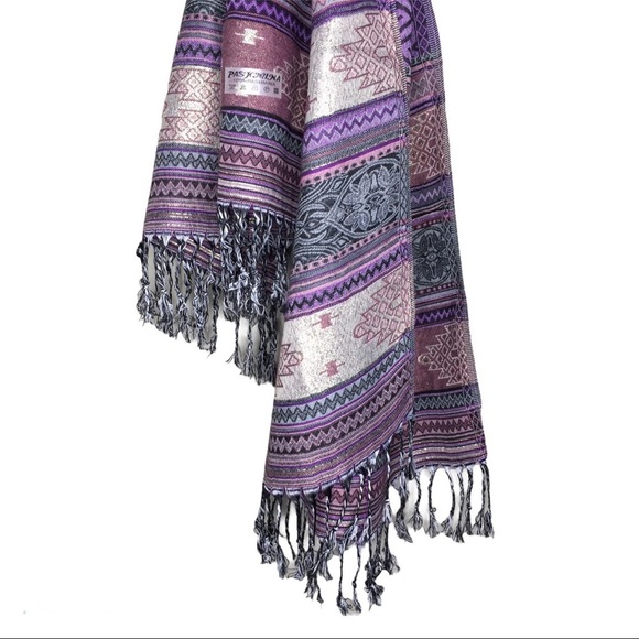 PASHMINA Tassle Trim Shawl/Scarf Purple/Gold One Size - Picture 4 of 7